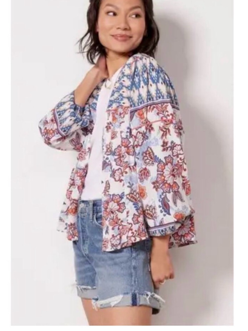 Evereve Penny Floral Wrap Cardigan Jacket Lightweight Boho Linen Blend M/L